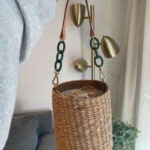 Woven Tan Bucket Bag with Green Chain Strap